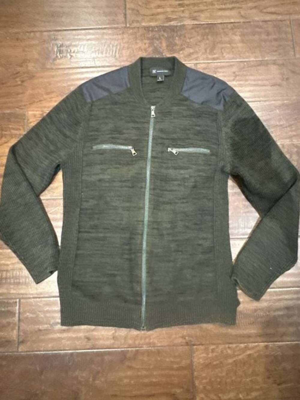 INC International Concepts Mens Green Mixed Media Full Zip Ribbed Bomber Sweater